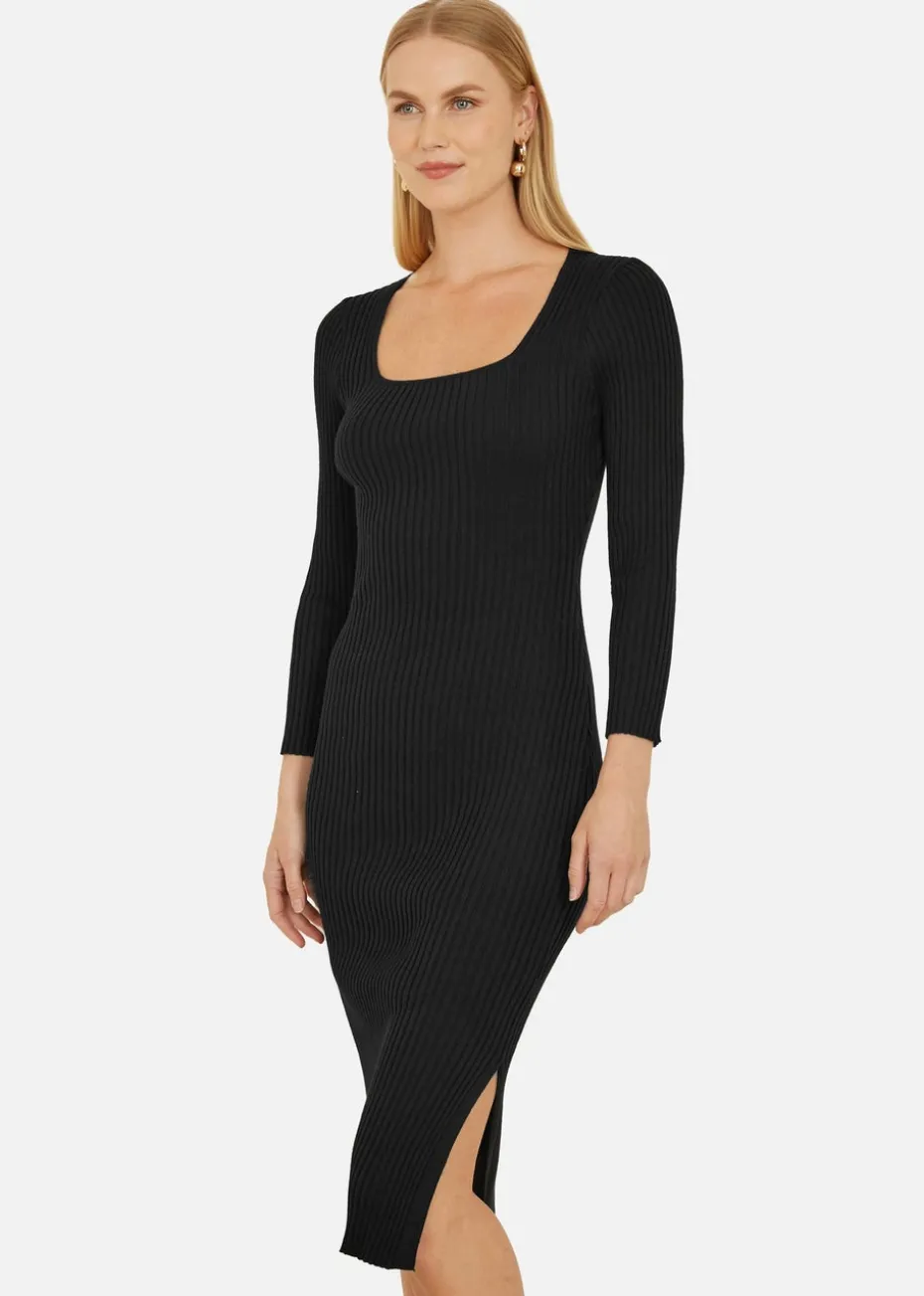 Yumi Black Fitted Knit Midi Dress With Side Split