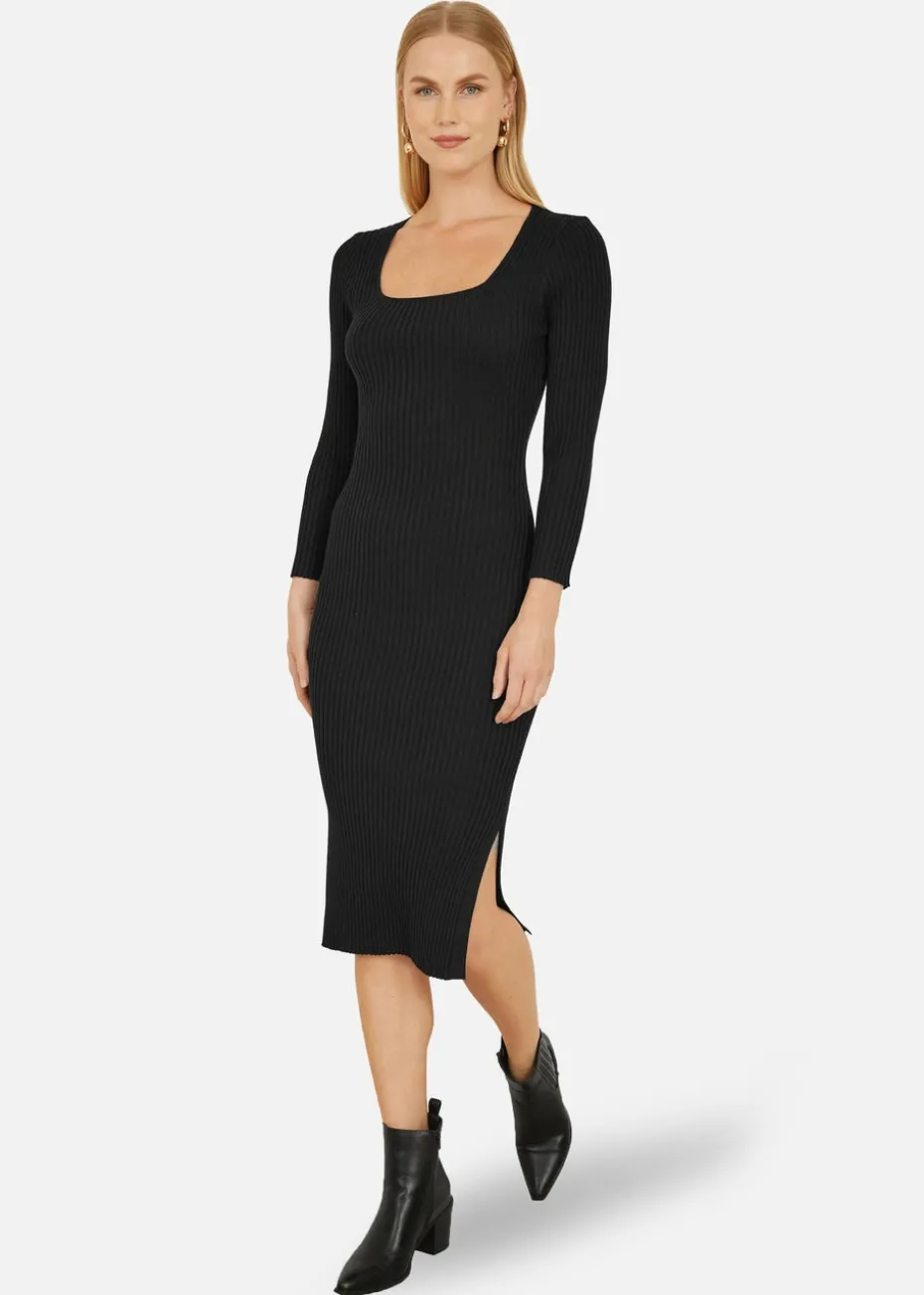 Yumi Black Fitted Knit Midi Dress With Side Split