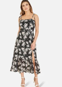 Yumi Black Floral Midi Sundress With Split Hem