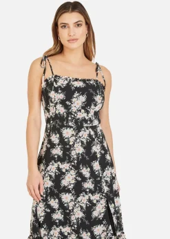 Yumi Black Floral Midi Sundress With Split Hem