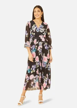 Yumi Black Floral Pleated Wrap Midi Dress