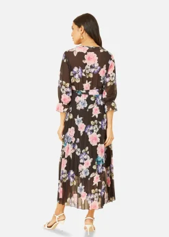 Yumi Black Floral Pleated Wrap Midi Dress