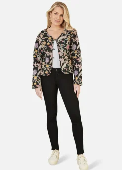 Yumi Black Floral Print Reversible Cotton Cropped Quilted Jacket