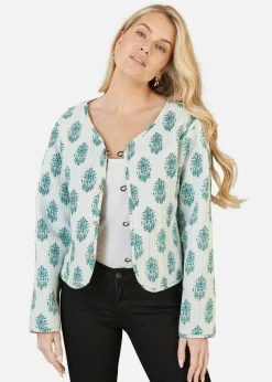 Yumi Black Floral Print Reversible Cotton Cropped Quilted Jacket