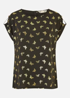 Yumi Black Foil Butterfly Print Top