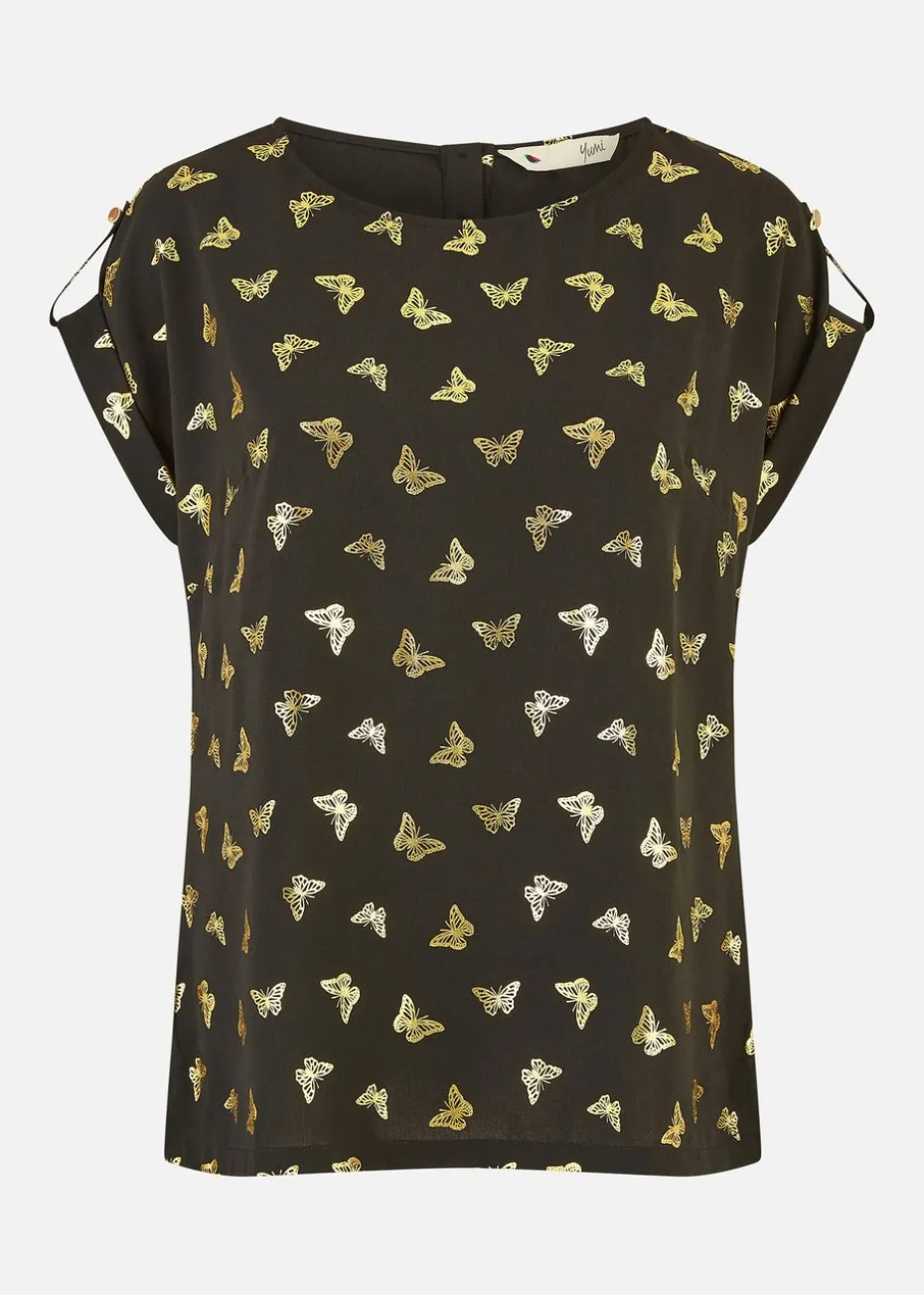 Yumi Black Foil Butterfly Print Top