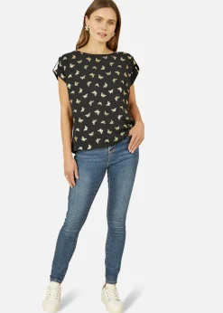 Yumi Black Foil Butterfly Print Top