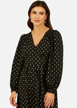 Yumi Black Foil Print Long Sleeve Midi Dress