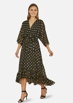 Yumi Black Foil Print Wrap Over Dip Hem Midi Dress