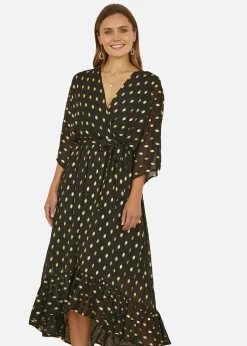 Yumi Black Foil Print Wrap Over Dip Hem Midi Dress