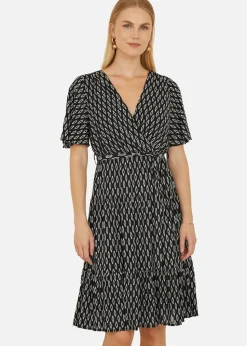 Yumi Black Geo Print Mesh Stretch Midi Skater Dress