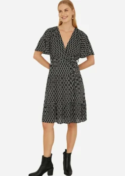 Yumi Black Geo Print Mesh Stretch Midi Skater Dress