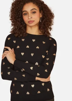Yumi Black Gold Foil Heart Print Relaxed Fit Jumper