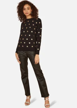 Yumi Black Gold Foil Heart Print Relaxed Fit Jumper