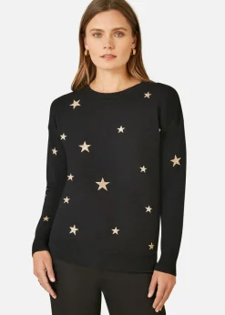 Yumi Black Gold Foil Star Print Relaxed Fit Jumper