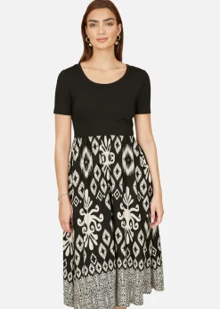 Yumi Black Jersey Stretch Top & Ikat Skirt Midi Dress