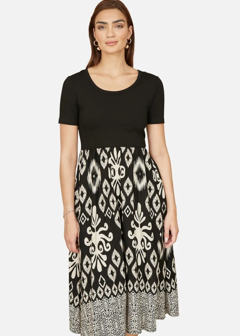 Yumi Black Jersey Stretch Top & Ikat Skirt Midi Dress