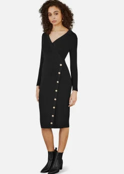 Yumi Black Knitted Midi Dress With Asymmetric Button Details