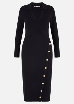 Yumi Black Knitted Midi Dress With Asymmetric Button Details