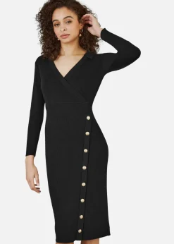 Yumi Black Knitted Midi Dress With Asymmetric Button Details