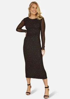 Yumi Black Mesh Bodycon Midi Dress With Tie Back and Diamantes