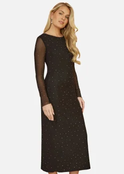 Yumi Black Mesh Bodycon Midi Dress With Tie Back and Diamantes
