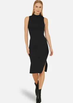 Yumi Black Metallic Fitted High Neck Midi Dress