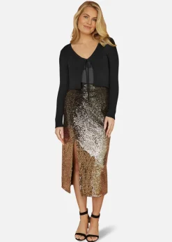 Yumi Black Metallic Knitted Ribbed Tie Front Bolero