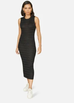 Yumi Black Metallic Knitted Sleeveless Midi Dress