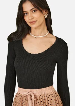 Yumi Black Metallic Knitted Ribbed Top