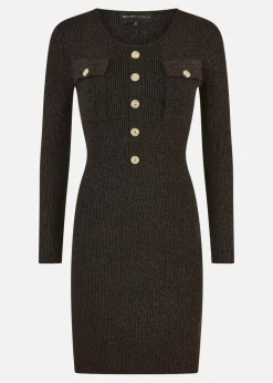 Yumi Black Metallic Military Fitted Knitted Dress