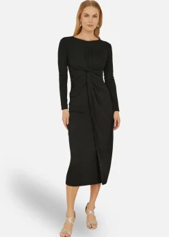 Yumi Black Midi Fitted Stretch Dress With Knot Detail