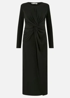Yumi Black Midi Fitted Stretch Dress With Knot Detail