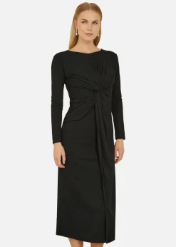 Yumi Black Midi Fitted Stretch Dress With Knot Detail