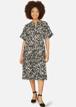 Yumi Black Organic Cotton Animal Print Tiered Tunic Dress