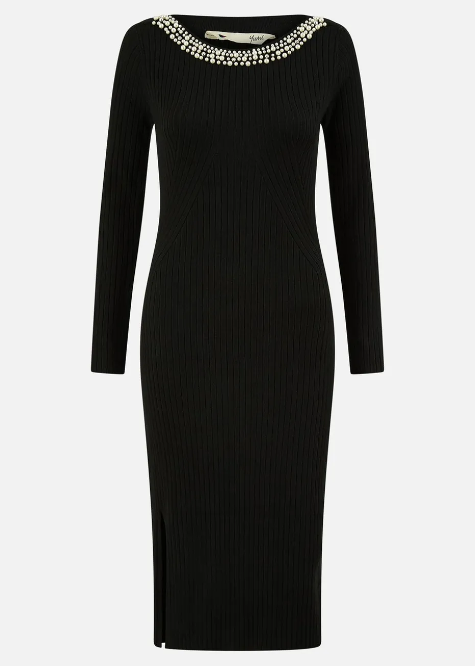 Yumi Black Pearl Neckline Fitted Midi Knitted Dress