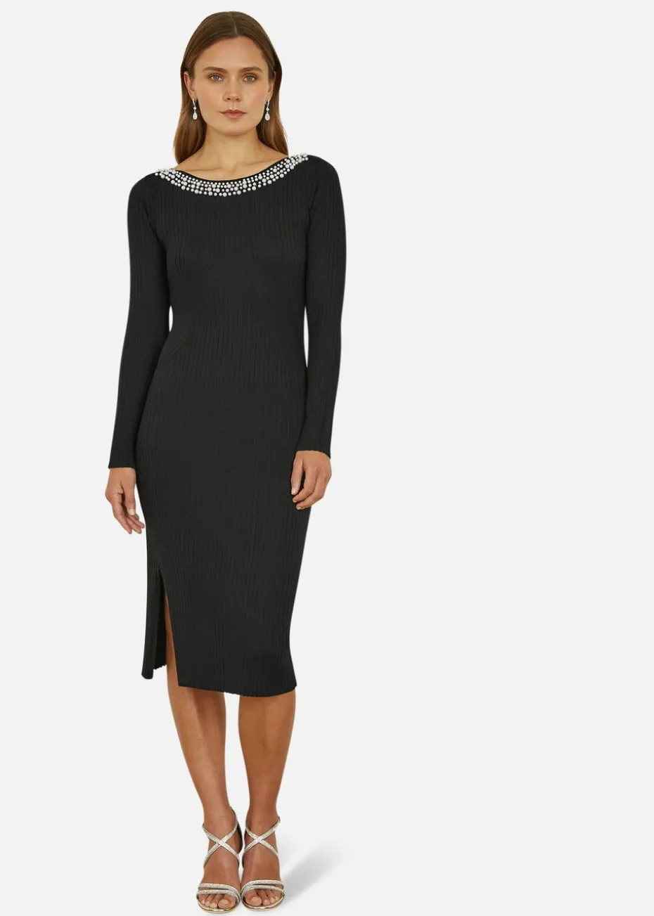 Yumi Black Pearl Neckline Fitted Midi Knitted Dress
