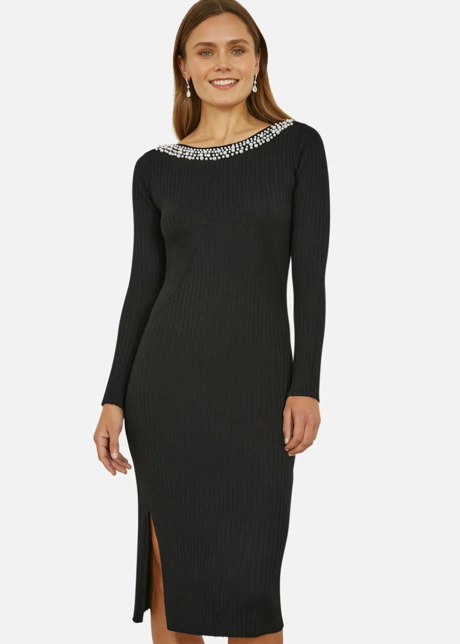 Yumi Black Pearl Neckline Fitted Midi Knitted Dress