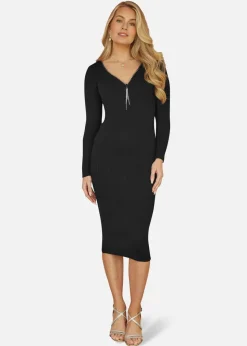 Yumi Black Rib Fitted Midi Dress With Diamante Detail Zip Neckline
