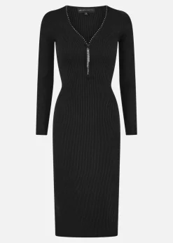 Yumi Black Rib Fitted Midi Dress With Diamante Detail Zip Neckline