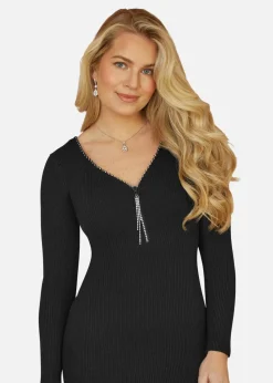 Yumi Black Rib Fitted Midi Dress With Diamante Detail Zip Neckline