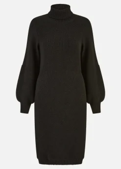 Yumi Black Roll Neck Knitted Dress With Fitted Waist
