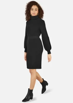 Yumi Black Roll Neck Knitted Dress With Fitted Waist