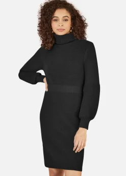 Yumi Black Roll Neck Knitted Dress With Fitted Waist
