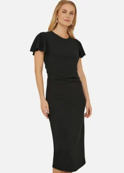 Yumi Black Ruched Waist Stretch Midi Dress
