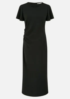 Yumi Black Ruched Waist Stretch Midi Dress