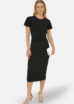 Yumi Black Ruched Waist Stretch Midi Dress