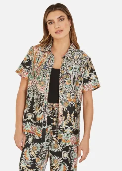 Yumi Black Satin Paisley Print Short Sleeve Shirt