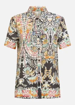 Yumi Black Satin Paisley Print Short Sleeve Shirt