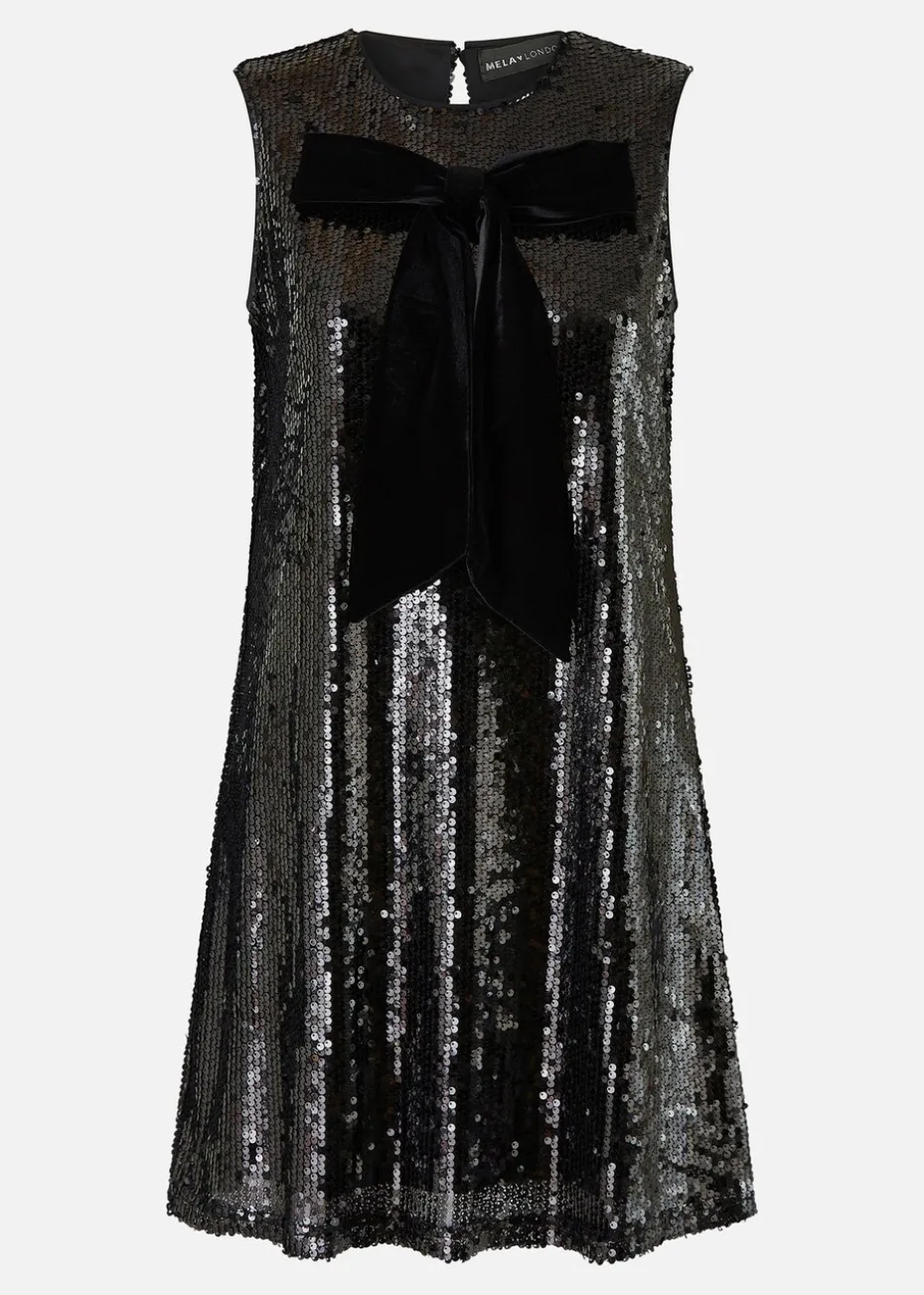 Yumi Black Sequin Bow Tunic Shift Dress